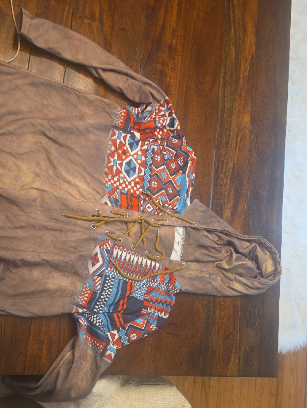Boho Lace-Up Hoodie with Tribal Print Panels - Rust, Blue, Cream - Picture 3 of 4